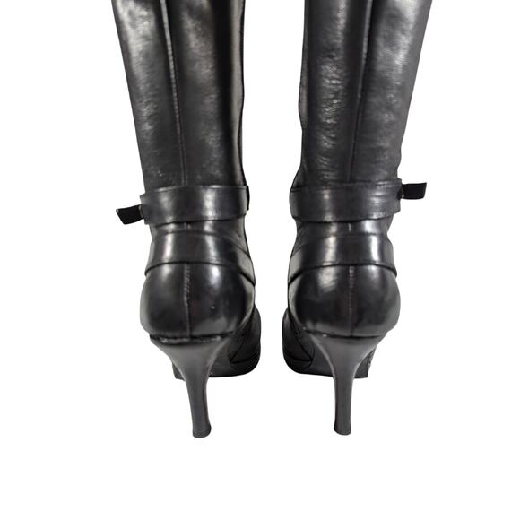 LEVITY! BLACK GENUINE LEATHER PLATFORM, STILETTO, 2 BUCKLE BOOTS! … - Picture 9 of 11